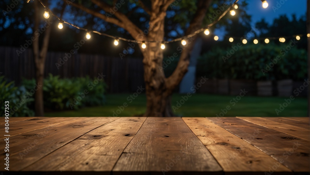 Empty Wood table top with decorative outdoor string lights hanging on tree in the garden at night time, Generative AI illustration of glowing plants growing on computer chip representing digital Empty Wood table top with decorative outdoor string lights hanging on tree in the garden at night time, Generative AI illustration of glowing plants growing on computer chip representing digital
