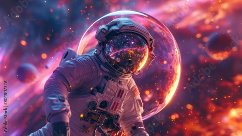An astronaut, inside a bubble, with cosmic colors swirling around © MAY