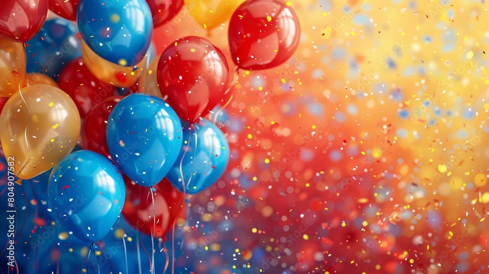 An exciting display featuring balloons and confetti in shades of red, blue, and yellow