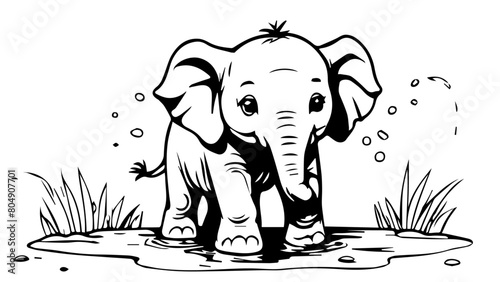 elephant in a puddle of water on the savanna, coloring book
