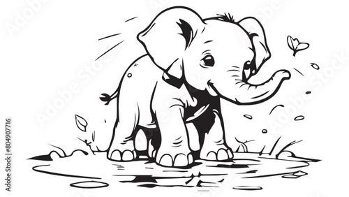 elephant in a puddle of water on the savanna, coloring book
