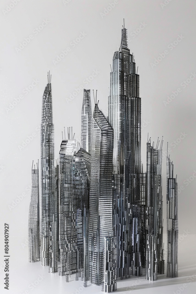 Fototapeta premium Skyscrapers made from paper clips. Tall, sleek structures towering over the cityscape, their metallic surfaces catching the light