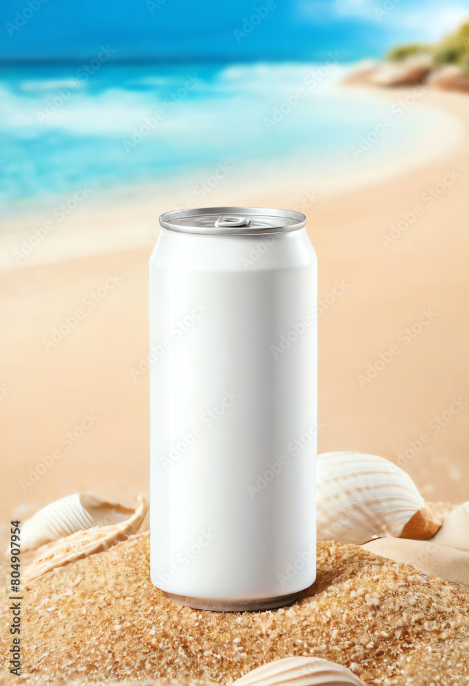 blank can packaging mockup in summer beach blank can packaging mockup in summer beach