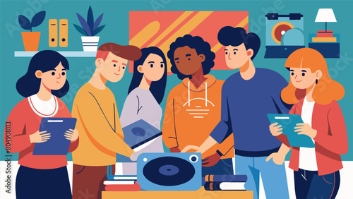 In a dorm room a group of college students gather around a record player taking turns playing their favorite records while discussing the unique sound Vector illustration