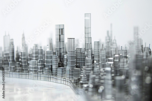 Skyscrapers made from paper clips.  Tall  sleek structures towering over the cityscape  their metallic surfaces catching the light