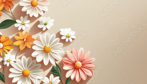 Elegant aesthetic chamomile daisy flowers pattern with sunlight shadows on neutral beige background with copy space