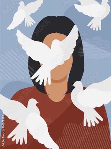 A young woman communicates with peaceful white birds. Vector.