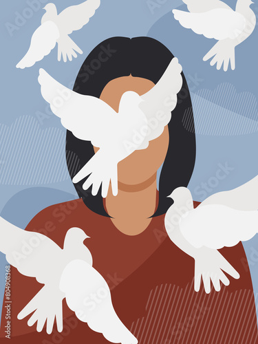 A young woman communicates with peaceful white birds. 