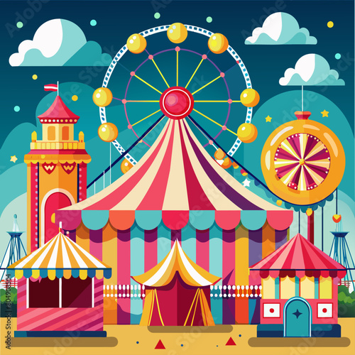 circus tent vector illustration, Carnival and fair backgrounds with bright lights and attractions.