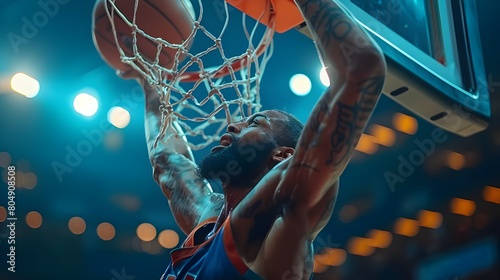 A basketball player dunking a basketball in a stadium. 