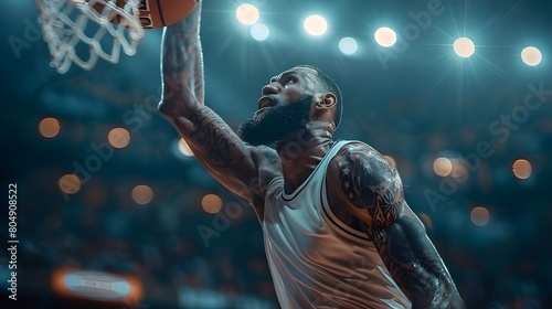 A basketball player dunking a basketball in a stadium.  photo