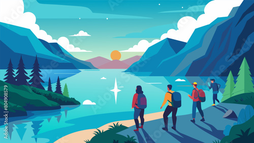 Alongside a sparkling lake a group of environmentallyconscious hikers take in the breathtaking beauty of a tranquil shoreline making sure to leave it. Vector illustration photo