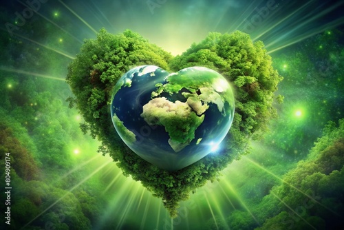 Fototapeta Naklejka Na Ścianę i Meble -  Abstract Artwork of Green Planet with Heart Center: An abstract representation of a green planet with a heart at its center, evoking themes of love for nature, environmental consciousness, and interco