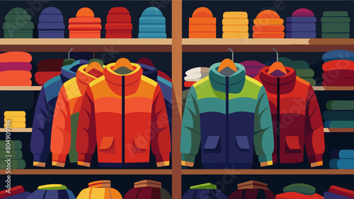 The dimly lit interior is filled with rows of colorful 1960s ski jackets stacked high on wooden shelves.. Vector illustration