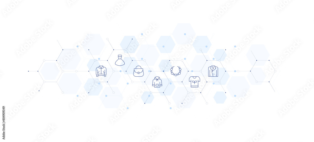 Fashion banner vector illustration. Style of icon between. Containing jacket, bomber, hoodie, dress, tshirt, beads, handbag.