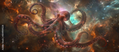 Tentacles of a cosmic octopus swirl through the starry expanse of a space nebula, digital painting illustration. 
