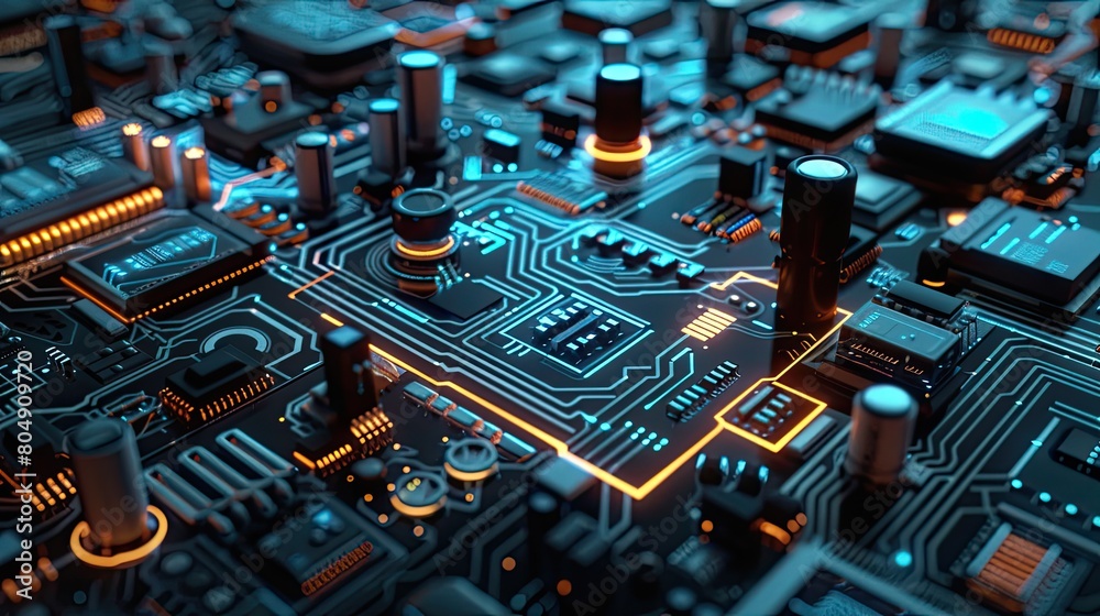 The image shows a close-up of a computer circuit board The image shows a close-up of a computer circuit board