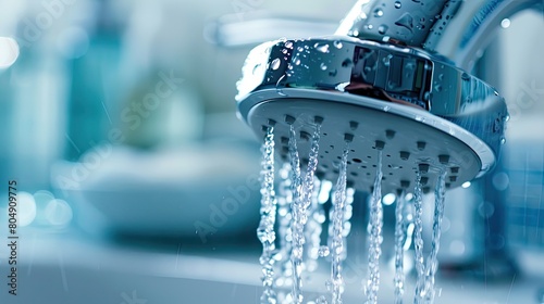 Close up of a low flow showerhead installation, saving water in daily routines