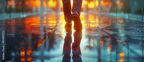 A minimalist 3D rendering of a business person s feet walking on a reflective surface, creating a dual image that plays with perception photo