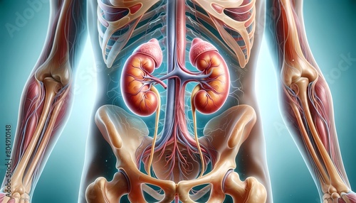 Human anatomy with kidneys and ureters Concept of renal health, urinary system function, and educational visualization in medical  photo