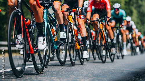 A vibrant image capturing the intensity and competition of a road cycling event, with cyclists closely packed and pedaling hard, emphasizing speed and determination. photo