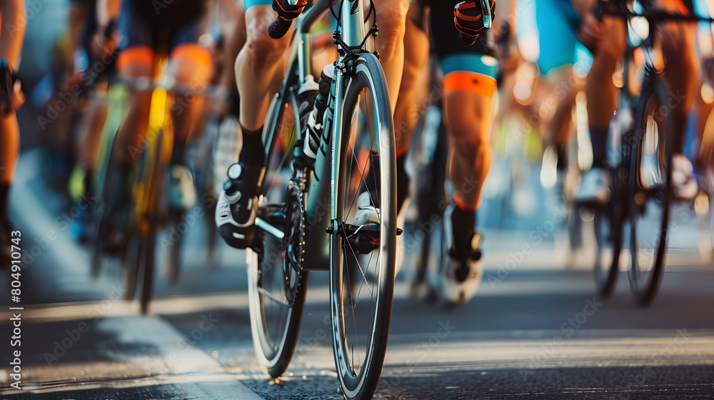 A vivid capture of a cycling race in action, featuring cyclists in a tight formation on a sunny day, showcasing their speed, skill, and competitive spirit on the road. A vivid capture of a cycling race in action, featuring cyclists in a tight formation on a sunny day, showcasing their speed, skill, and competitive spirit on the road.