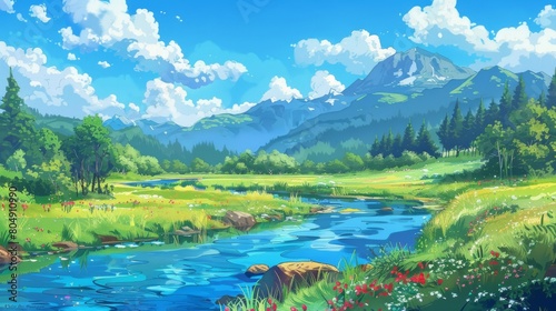 A clear blue river meanders through a lush meadow, surrounded by vibrant flowers and verdant grass. In the distance, majestic mountains rise, their peaks dusted with snow