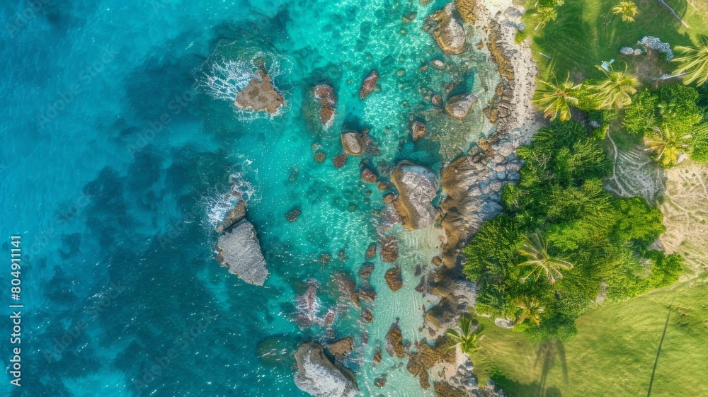Naklejka premium Aerial view of a clear turquoise sea and green grass on a rocky shore in Italy, a beautiful natural background with copy space area for text or design, a top down drone photograph.