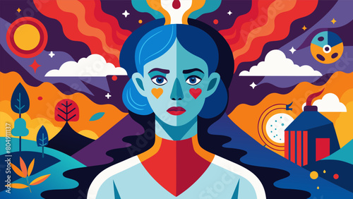 A bold and striking oil painting by a neurodivergent artist with depression portrays their inner struggles and journey towards healing.. Vector illustration