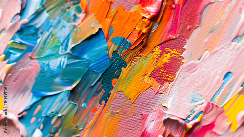 An abstract blend of oil paints vividly captured, featuring bold swaths of blue, pink, yellow, and red. This image highlights the intense texture and interplay of colors, embodying the essence of arti photo