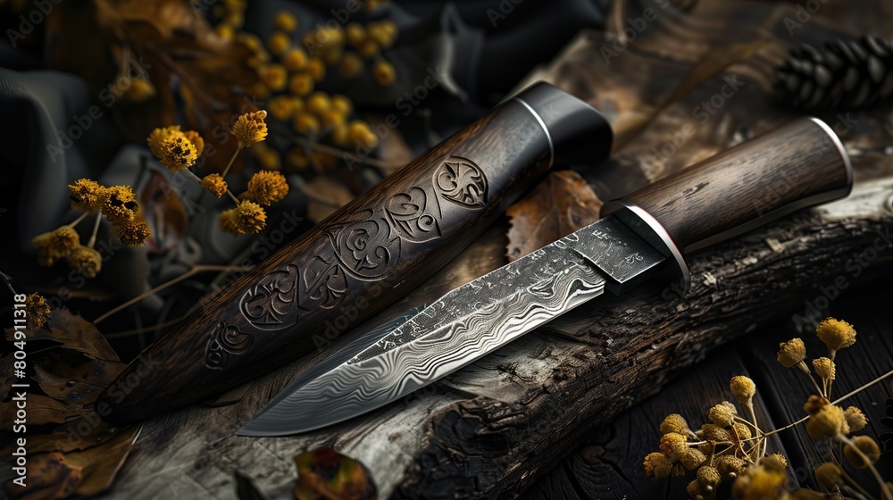 Stylish beautiful knife with runes on the blade and a wooden handle with carvings on a background of stone