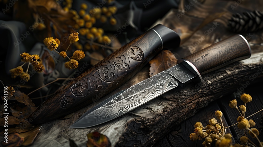 Stylish beautiful knife with runes on the blade and a wooden handle with carvings on a background of stone Stylish beautiful knife with runes on the blade and a wooden handle with carvings on a background of stone