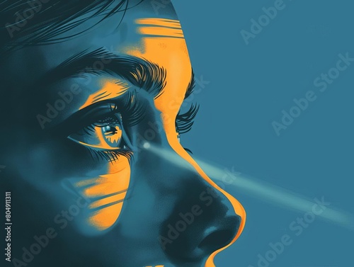 A closeup of a business person s face, with light falling across one eye, symbolizing insight and clarity photo