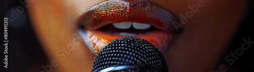 A closeup of a business persons lips as they speak into a microphone, emphasizing communication and authority photo