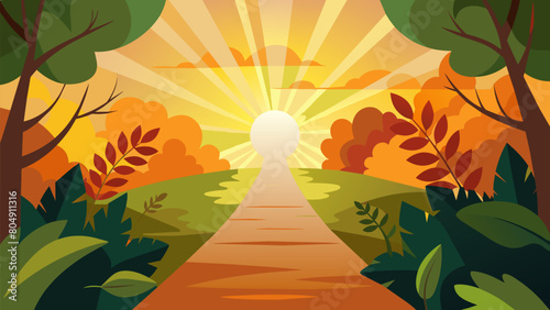 The suns warm rays peek through the leaves casting a beautiful light on the path ahead inviting you to continue your tranquil journey..