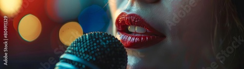 A closeup of a business persons lips as they speak into a microphone, emphasizing communication and authority photo