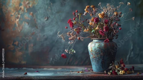 Dried flowers in a pot against the background of an old wall #804911358