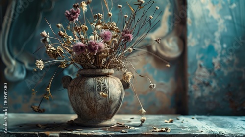 Dried flowers in a pot against the background of an old wall #804911380