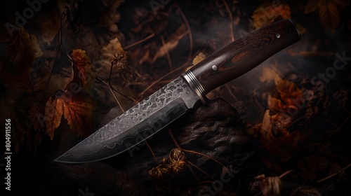 Stylish beautiful knife with runes on the blade and a wooden handle with carvings on a background of stone