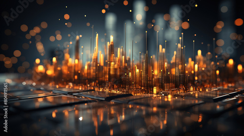 In The Style of Dark Gold and Orange Cityscape Miniature Abstraction on Defocused Background