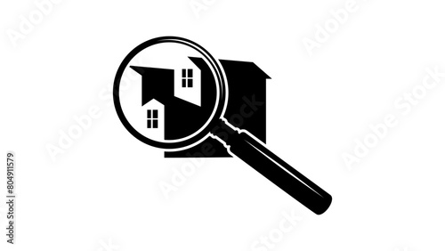 house in magnifying glass, black isolated silhouette