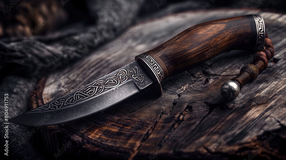Stylish beautiful knife with runes on the blade and a wooden handle with carvings on a background of stone Stylish beautiful knife with runes on the blade and a wooden handle with carvings on a background of stone