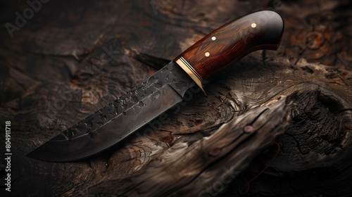 Stylish beautiful knife with runes on the blade and a wooden handle with carvings on a background of stone photo