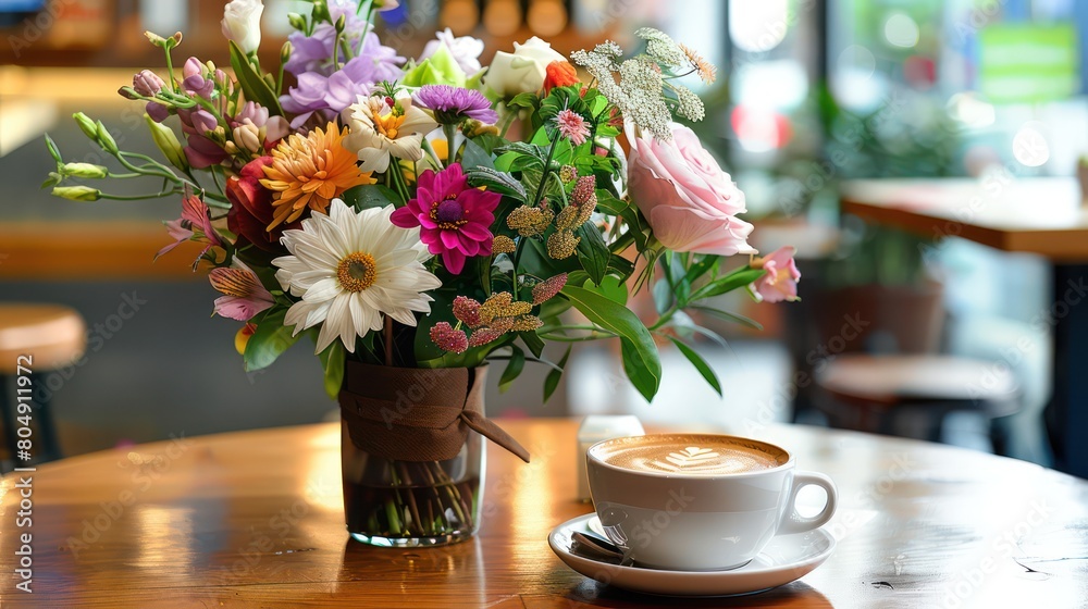 A stylish bouquet of mixed flowers stands in a leather-wrapped vase next to a creamy cappuccino, exuding a sophisticated café culture vibe