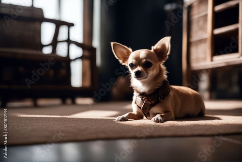  dog sitting chihuahua floor small house asian browm animal brown pet background beautiful board canino card cheerful cute domestic ear happiness happy isolated little long-haired mouth nature no 
