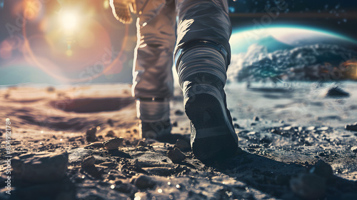 A dramatic depiction of an astronaut exploring the rocky terrain of an alien planet. The image shows the astronaut's boots stepping forward, illuminated by the surreal glow of a nearby celestial body photo