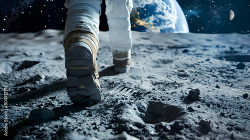 the boots of an astronaut trekking across a barren, rocky alien landscape under a distant sun. The surreal environment and distant planets in the backdrop evoke a sense of adventure and exploration 