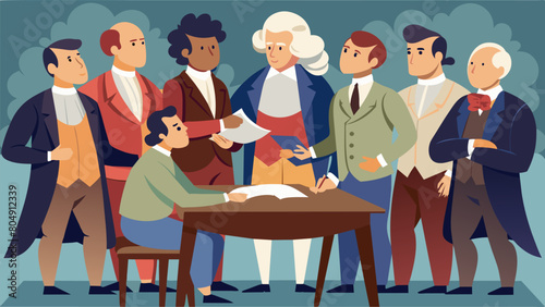 Historic figures frozen in time gathered around a replica of the signing of the Declaration of Independence deep in discussion about the revolutionary. Vector illustration