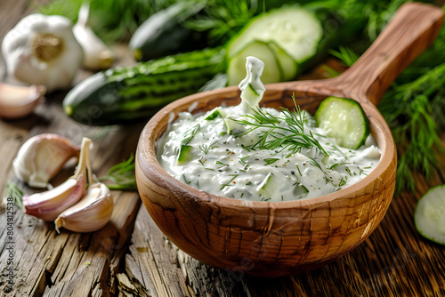 Close-up of Creamy Tzatziki Sauce on Wooden Spoon Surrounded by Fresh Ingredients