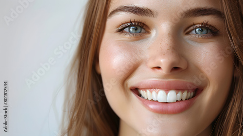 close-up of a young woman with a radiant smile  showcasing her clear skin and sparkling eyes. Her cheerful expression communicates happiness and confidence.